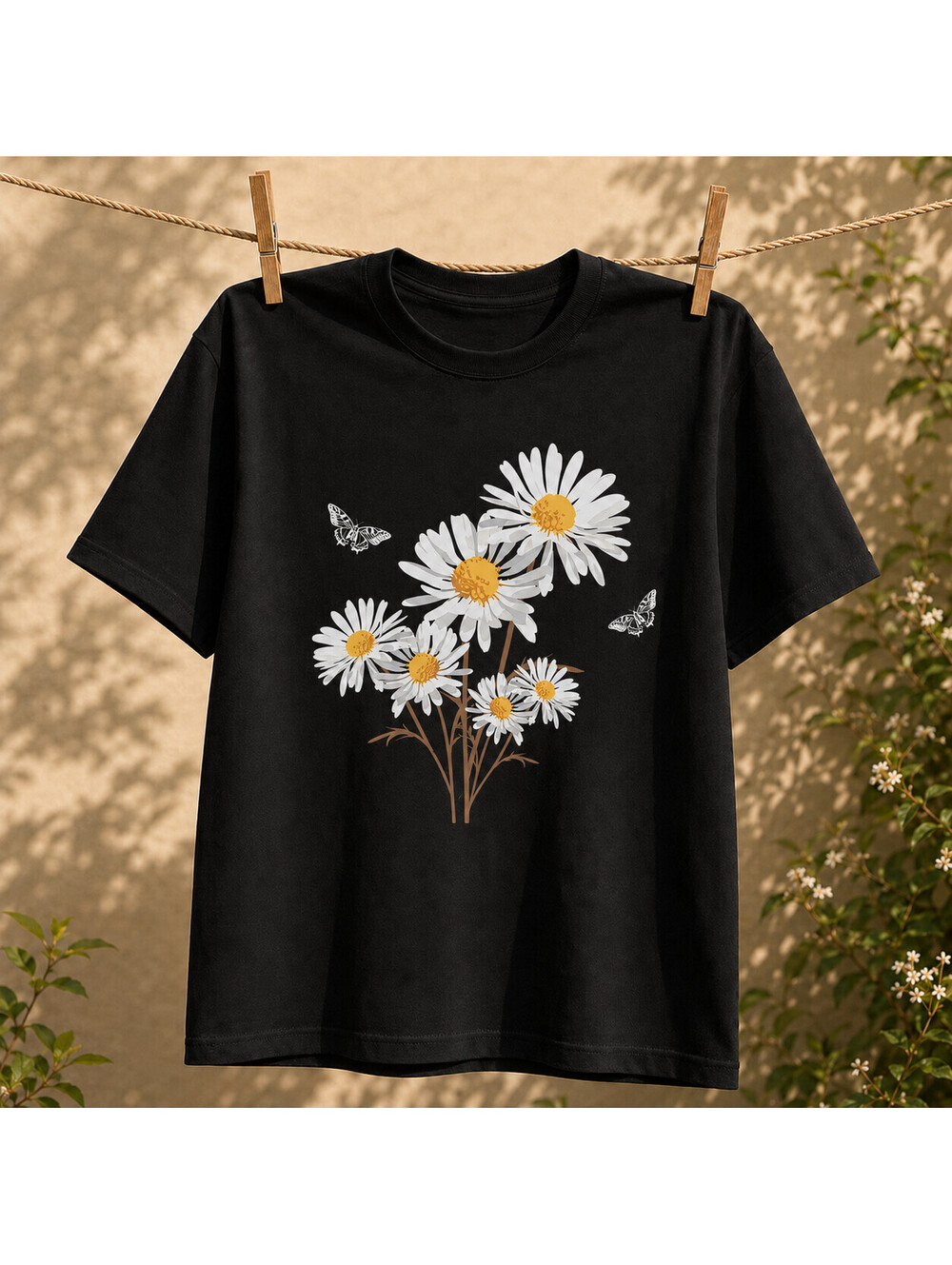 White Daisy Floral Shirt with Butterflies | Boho Spring Summer Aesthetic T-Shirt